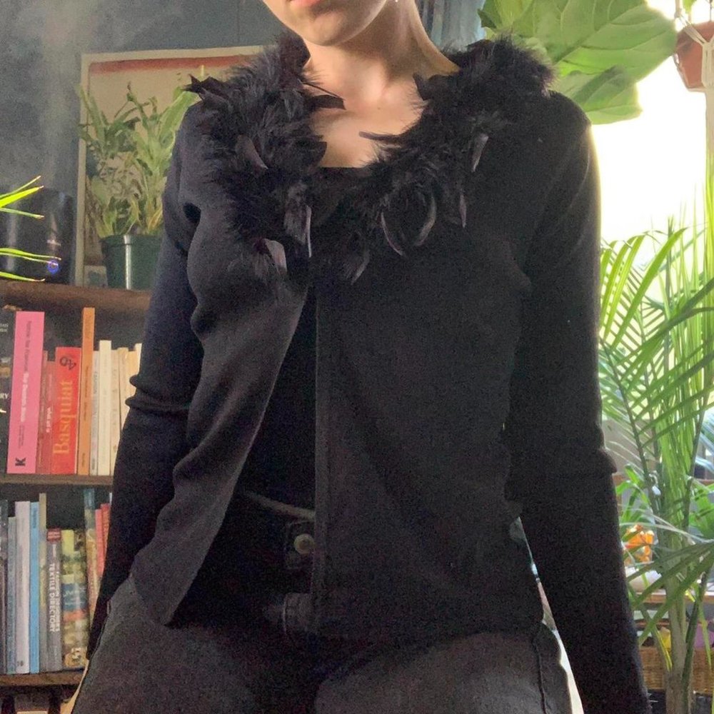 Vintage feather trim cardigan in black.